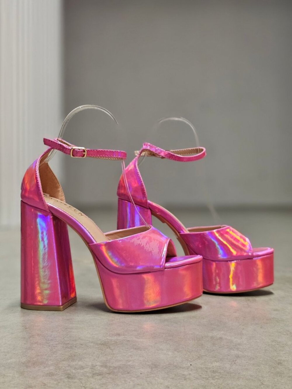 Iridescent Pink Platform Block Heel Sandals With Ankle Strap - Womens Statement - Picture 13 of 15